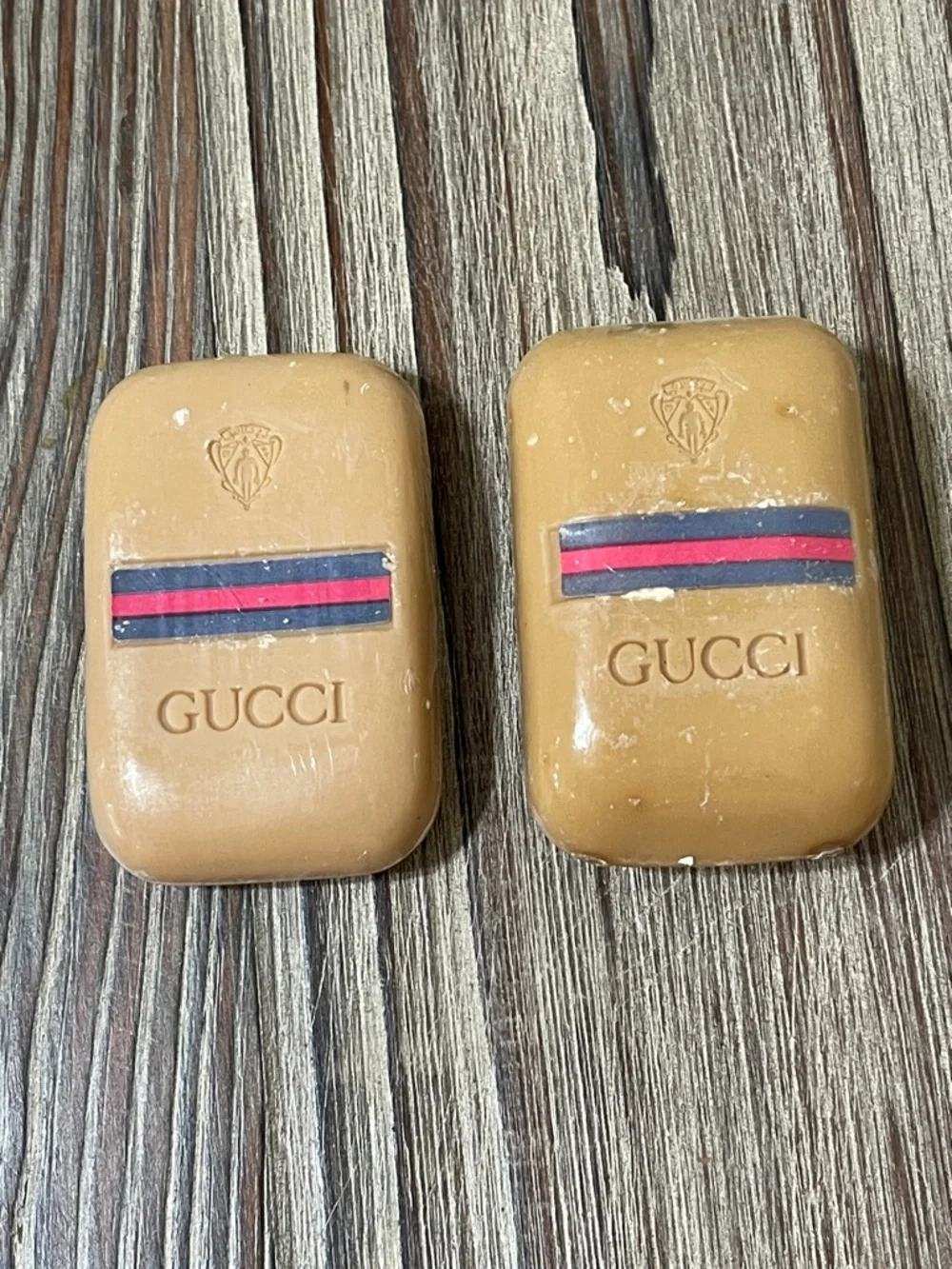 Vintage 70s Gucci Soap Bars Set of 2 Logo Embossed Tan New in Original Packaging